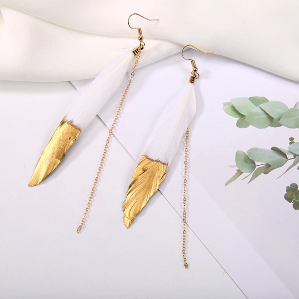 Queen B Gold Dipped Feather Earrings in White